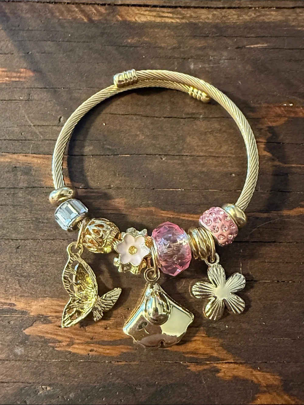 Gold Plated Charm Bracelet With Pink Gems & Charms Flower butterfly